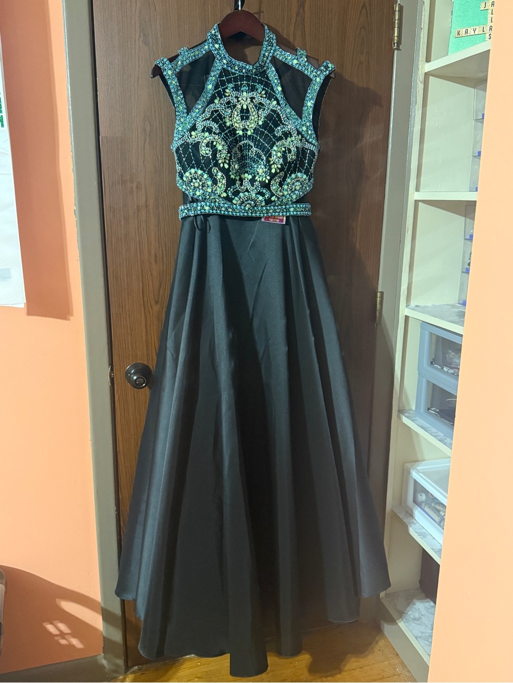 Alyce Paris Black Gown with Teal Beaded Bodice 2 pc